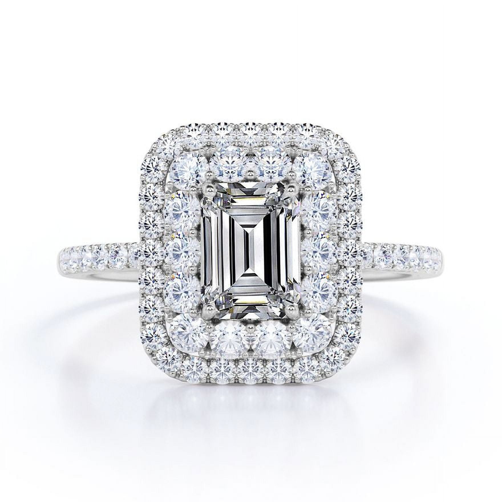 JeenMata 1.5 Carat Emerald Cut Moissanite Engagement Ring - Bridal Ring - Double Halo Ring - Cluster Ring - 18k White Gold Over Silver