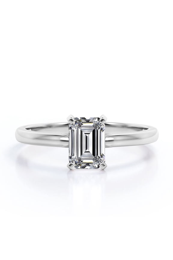 1.5 Carat Emerald Cut Moissanite - Prong Setting - Solitaire Promise Ring - 18K White Gold Plating Over Silver