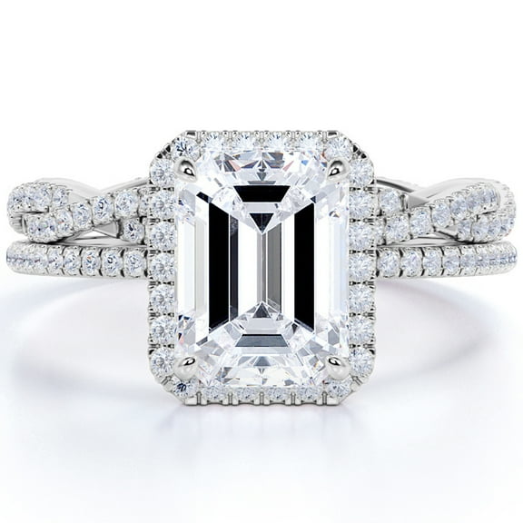 JeenMata 1.5 Carat Emerald Cut Moissanite Wedding Set with Infinity Band in 18k White Gold Over Silver