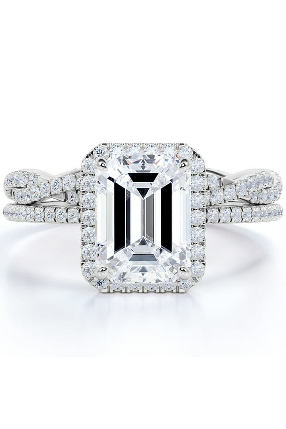 1.5 Carat Emerald Cut Moissanite Wedding Set with Infinity Band in 18k White Gold Over Silver