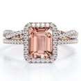 thumbnail image 1 of JeenMata 1.5 Carat Emerald Cut Pink Peach created morganite and Moissanite - 4 Prong Halo Set - Twisted Pave Wedding Ring Set - 18K Rose Gold Plating over Silver, 1 of 6