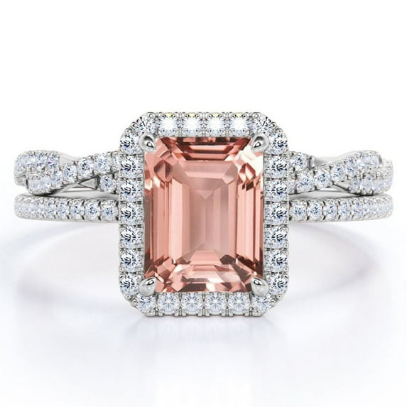 JeenMata 1.5 Carat Emerald Cut Pink Peach created morganite and Moissanite - 4 Prong Halo Set - Twisted Pave Wedding Ring Set - 18K White Gold Plating over Silver