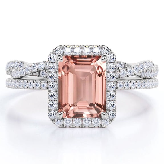 JeenMata 1.5 Carat Emerald Cut Pink Peach created morganite and Moissanite - 4 Prong Halo Set - Twisted Pave Wedding Ring Set - 18K White Gold Plating over Silver