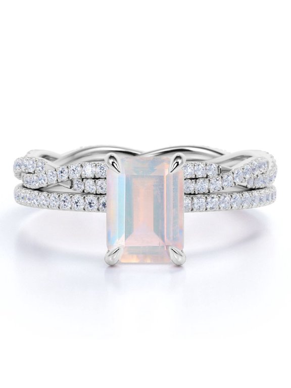 1.5 Carat Emerald Faceted Rainbow Moonstone and Moissanite Pave Bridal Ring Set in 1.58k White Gold over Silver