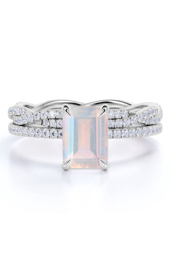 1.5 Carat Emerald Faceted Rainbow Moonstone and Moissanite Pave Bridal Ring Set in 1.58k White Gold over Silver