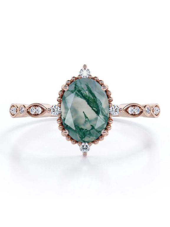 1.5 Carat Five-Stone Antique Four Prong Set Ovate Natural Transparent Dendritic Moss Green Agate And Moissanite Filigree Flush Engagement Ring In 18K Rose Gold Plating Over Silver