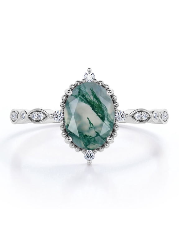 1.5 Carat Five-Stone Antique Four Prong Set Ovate Natural Transparent Dendritic Moss Green Agate And Moissanite Filigree Flush Engagement Ring In 18K White Gold Plating Over Silver