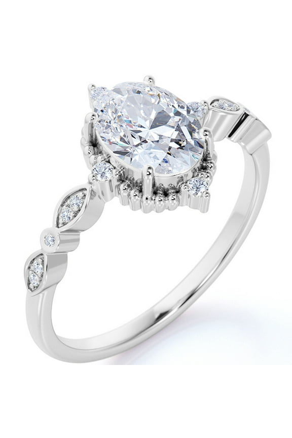 1.5 Carat Oval Cut Moissanite Engagement Ring - Bridal Set - 7 Stone Ring - Handmade Ring - 18k White Gold Over Silver