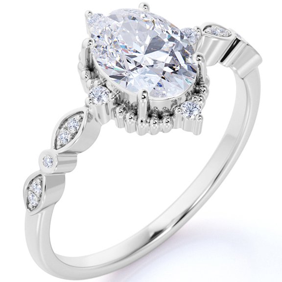 JeenMata 1.5 Carat Oval Cut Moissanite Engagement Ring - Bridal Set - 7 Stone Ring - Handmade Ring - 18k White Gold Over Silver