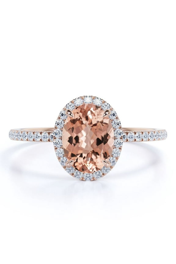 1.5 Carat Oval Cut created morganite and Moissanite Antique Halo Engagement Ring On 18K Rose Gold Over Silver