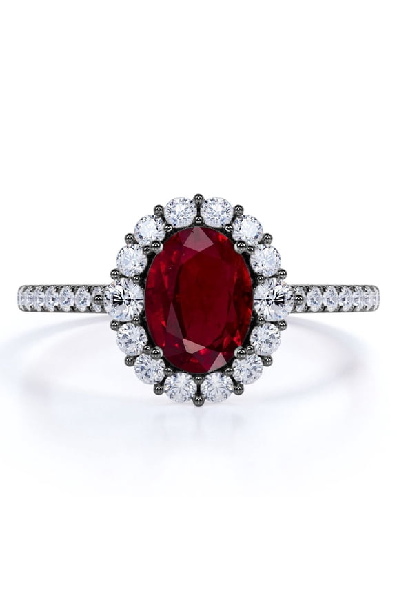 1.5 Carat Oval Shaped Art Deco Synthetic Ruby Engagement Ring in 18k Black Gold over Silver
