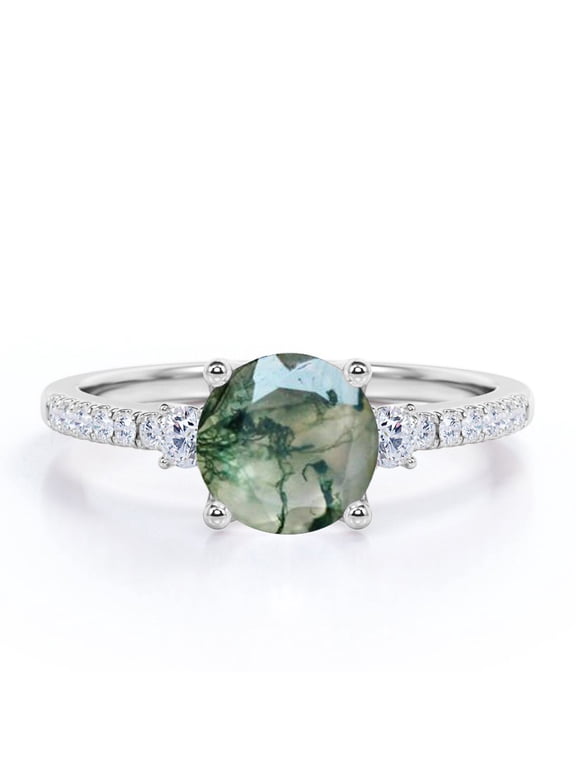 1.5 Carat Pave 4 Prong Round Shape Natural Transparent Dendritic Moss Green Agate And Moissanite 3-Stone Engagement Ring In 18K White Gold Plating Over Silver