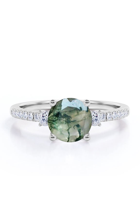 1.5 Carat Pave 4 Prong Round Shape Natural Transparent Dendritic Moss Green Agate And Moissanite 3-Stone Engagement Ring In 18K White Gold Plating Over Silver