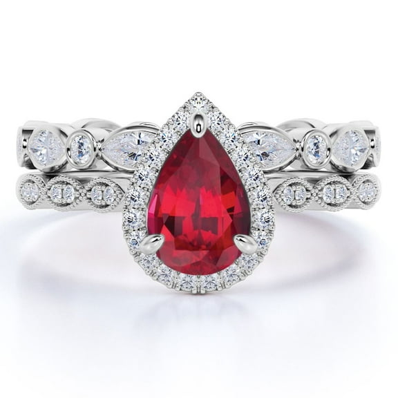 JeenMata 1.5 Carat Pear Cut Antique Blood Red Lab Created Ruby Bridal Ring Set in 18k White Gold over Silver