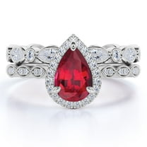 JeenMata 1.5 Carat Pear Cut Antique Blood Red Lab Created Ruby Bridal Ring Set in 18k White Gold over Silver