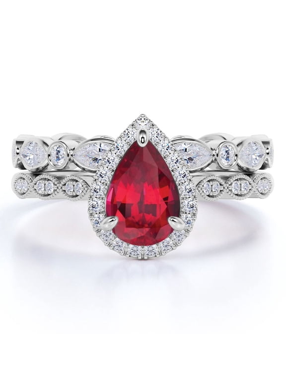 1.5 Carat Pear Cut Antique Blood Red Lab Created Ruby Bridal Ring Set in 18k White Gold over Silver
