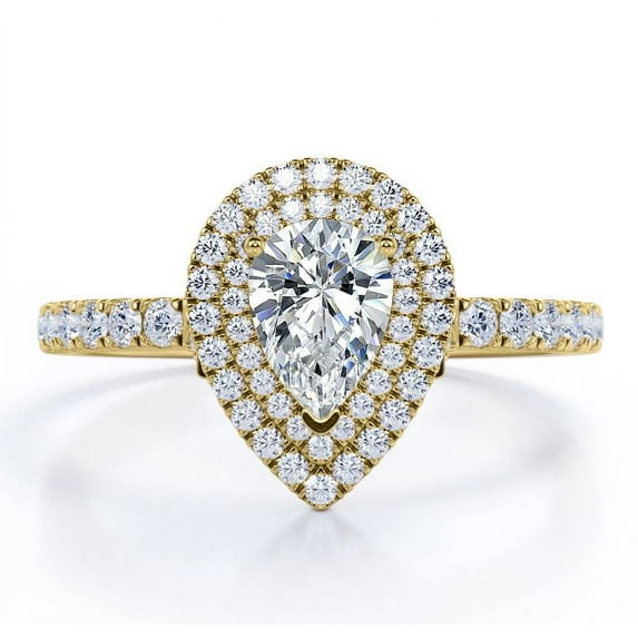 JeenMata 1.25 Carat Pear Cut - Duo Halo Setting - Pave Design Engagement Ring - 18K Yellow Gold Plating over Silver