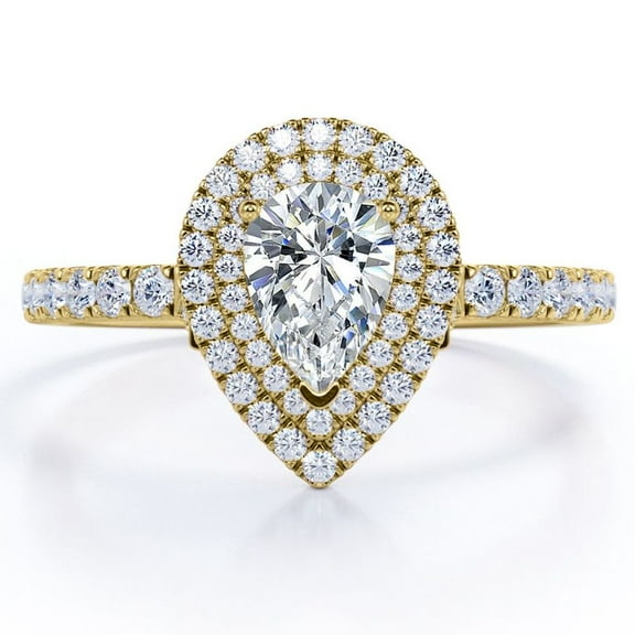 JeenMata 1.25 Carat Pear Cut - Duo Halo Setting - Pave Design Engagement Ring - 18K Yellow Gold Plating over Silver