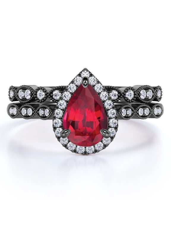 1.5 Carat Pear Cut Gothic Pigeon Blood Lab Created Ruby Bridal Ring Set in 18k Black Gold over Silver