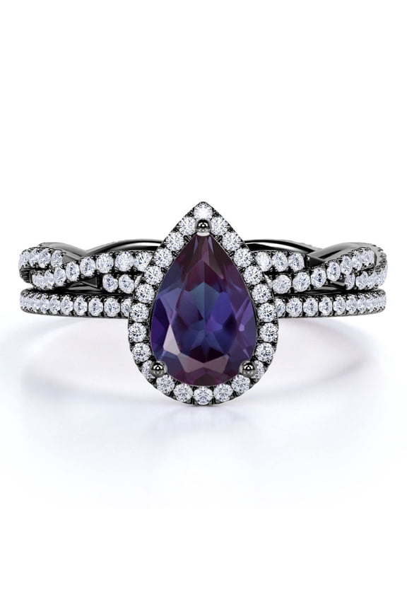 1.5 Carat Pear Cut Lab Created Alexandrite and Moissanite Halo Wedding Ring Set - Infinity Twist Band in 18k Black Gold over Silver