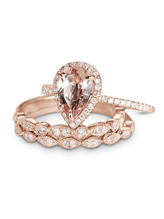 1.5 Carat Pear Cut Lab Created Morganite and Moissanite Trio Wedding Ring Set in Rose Gold