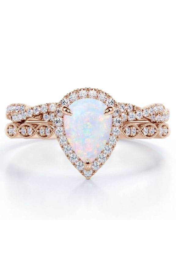 1.5 Carat Pear Cut Lab Created Opal and Moissanite Vintage Engagement Ring - Halo Pave Bridal Set in 18K Rose Gold Plating for Women