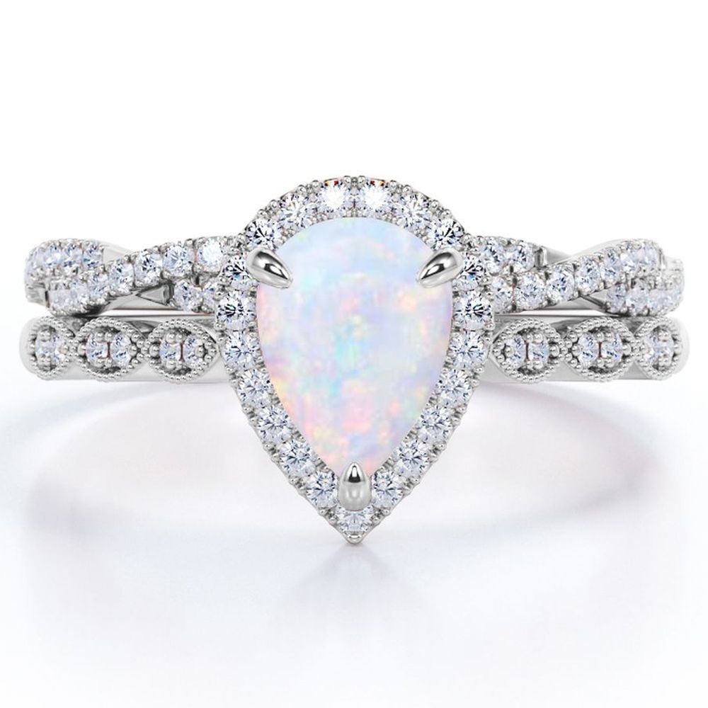 JeenMata 1.5 Carat Pear Cut Lab Created Opal and Moissanite Vintage Engagement Ring - Halo Pave Bridal Set in 18K White Gold Plating for Women