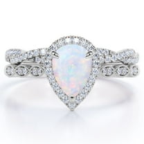 JeenMata 1.5 Carat Pear Cut Lab Created Opal and Moissanite Vintage Engagement Ring - Halo Pave Bridal Set in 18K White Gold Over Silver