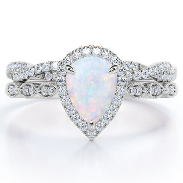 JeenMata 1.5 Carat Pear Cut Lab Created Opal and Moissanite Vintage Engagement Ring - Halo Pave Bridal Set in 18K White Gold Over Silver