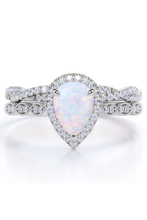 1.5 Carat Pear Cut Lab Created Opal and Moissanite Vintage Engagement Ring - Halo Pave Bridal Set in 18K White Gold Plating for Women