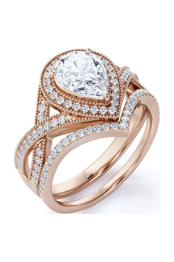 1.5 Carat Pear Cut Moissanite Wedding Set - Bridal Set - Art Deco Ring - Halo Ring - Cluster Ring - 18k Rose Gold Plated for Women