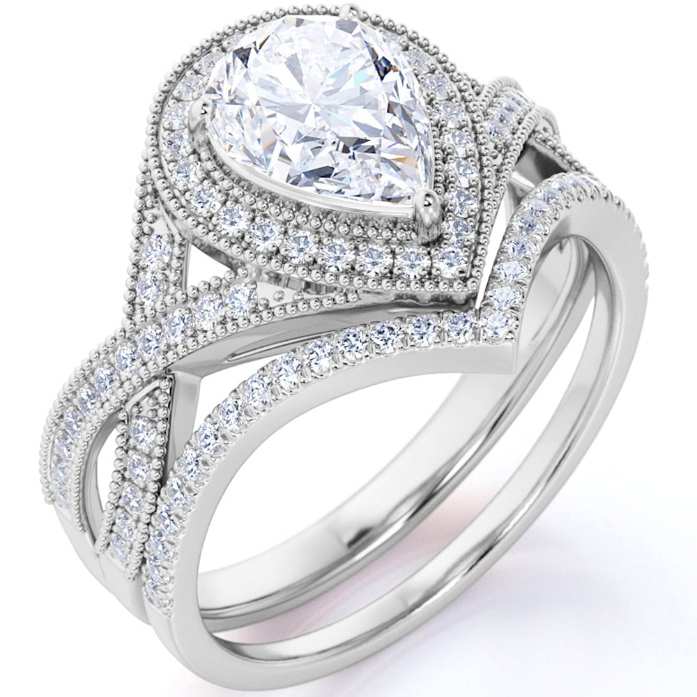 JeenMata 1.5 Carat Pear Cut Moissanite Wedding Set - Bridal Set - Art Deco Ring - Halo Ring - Cluster Ring - 18k White Gold Plated for Women
