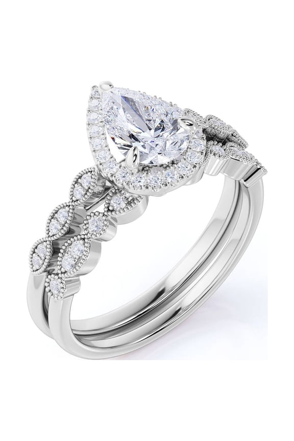 1.5 Carat Pear Cut Moissanite Wedding Set - Bridal Set - Art Deco Ring - Vintage Ring - Designer Ring - 18k White Gold Over Silver