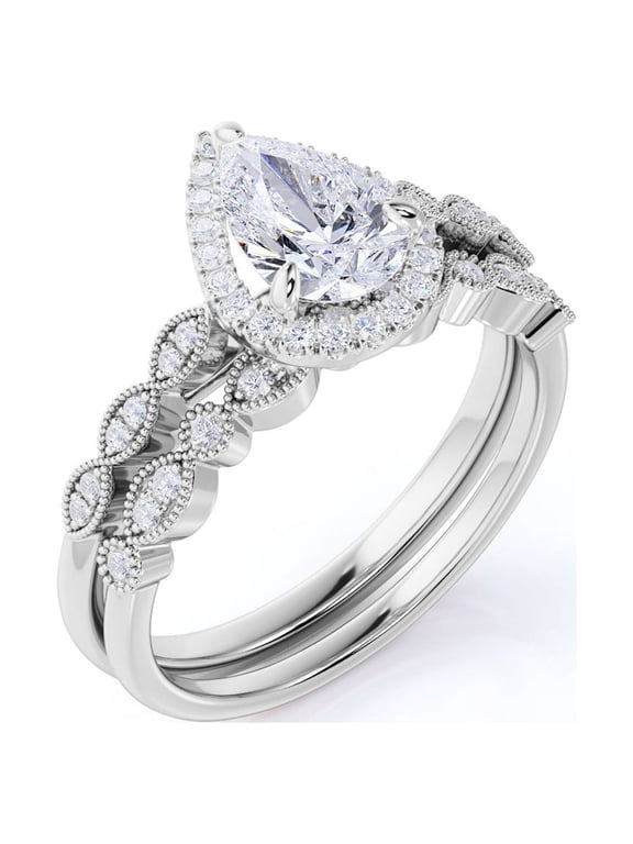 1.5 Carat Pear Cut Moissanite Wedding Set - Bridal Set - Art Deco Ring - Vintage Ring - Designer Ring - 18k White Gold Over Silver