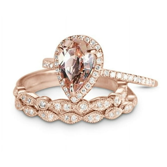 JeenMata 1.5 Carat Pear Cut Lab Created Morganite and Moissanite Trio Wedding Ring Set in Rose Gold