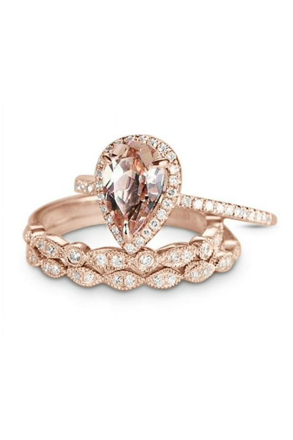 1.5 Carat Pear Cut Lab Created Morganite and Moissanite Trio Wedding Ring Set in Rose Gold