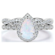 JeenMata 1.5 Carat Pear Shaped Fire Opal and Moissanite Vintage Wedding Ring Set in 18K White Gold over Silver