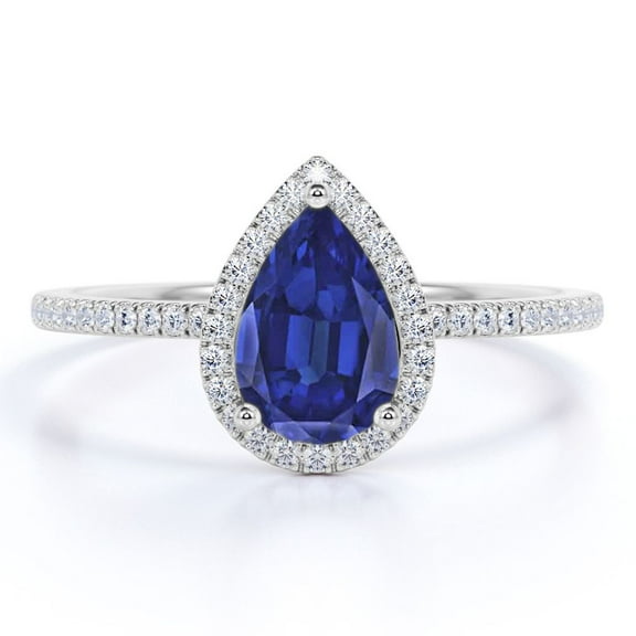 JeenMata 1.25 Carat Pear Shaped Lab Created Blue Sapphire Engagement Ring in 18k White Gold Over Silver