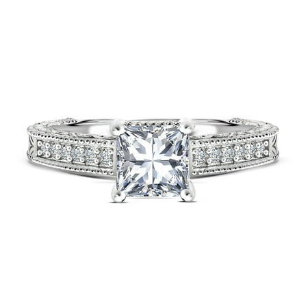 JeenMata 2.25 Carat Princess Cut - Milgrain Border - Victorian Pave Engagement Ring - 18K White Gold Plating over Silver