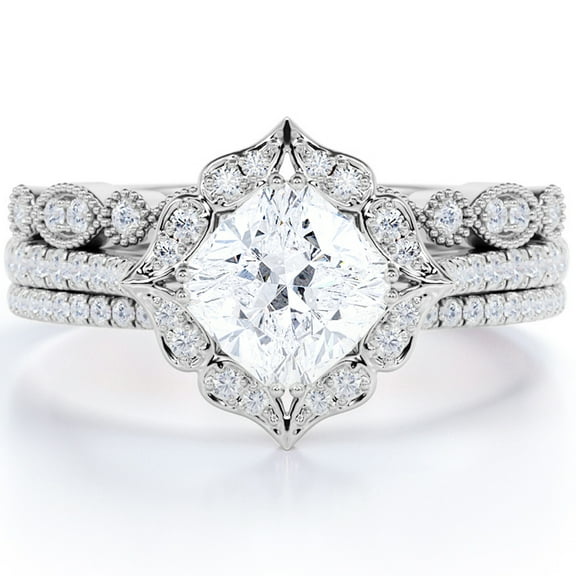 JeenMata 1.5 Carat Princess Cut Moissanite Trio Wedding Ring Set in 18k White Gold Over Silver