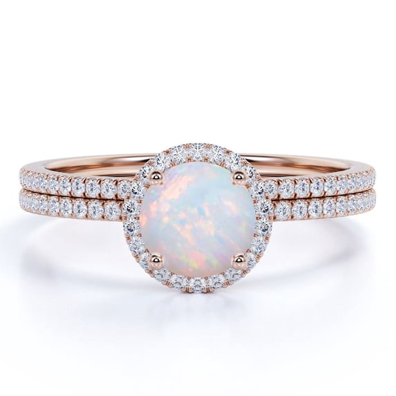 JeenMata 1.5 Carat Round Blue Opal and Pave Moissanite Engagement Ring Set in 18K Rose Gold over Silver