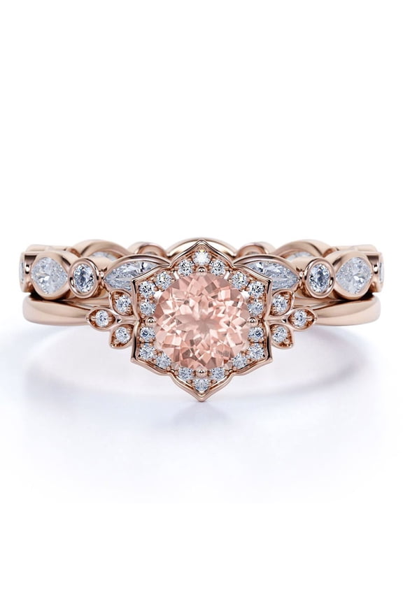 1.5 Carat Round Cut Created Morganite Bridal Set - Wedding Set - Bridal Trio Set - Antique Ring - Art Deco Ring - 18K Rose Gold Over Silver