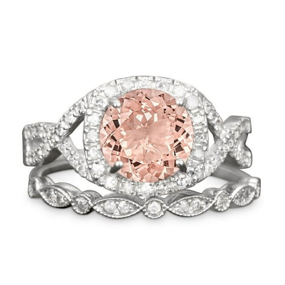 JeenMata 1.5 Carat Round Cut created morganite and Moissanite Bridal Wedding Ring Set with Engagement Ring and Wedding Band in 18k Gold Over Silver