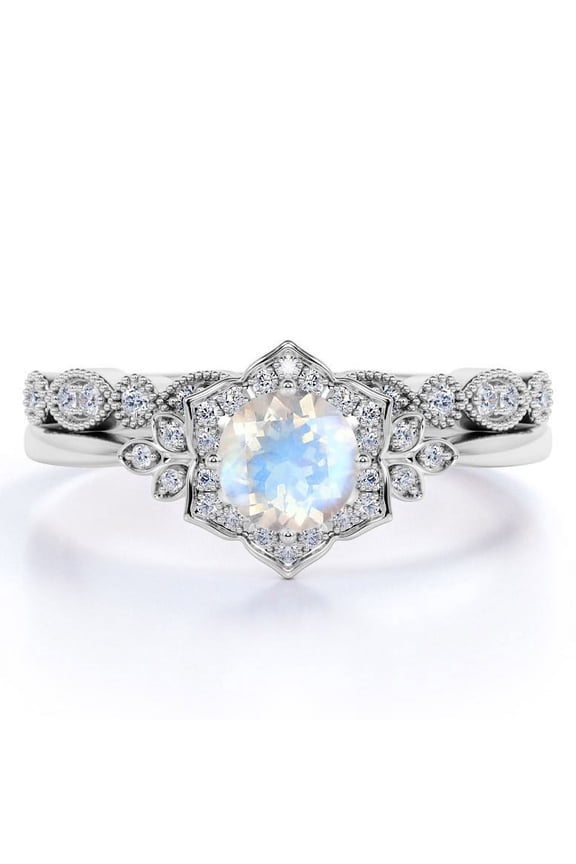 1.5 Carat Round Faceted Blue Moonstone and Moissanite Floral Bridal Ring Set in 18k White Gold over Silver