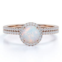 JeenMata 1.5 Carat Round Blue Opal and Pave Moissanite Engagement Ring Set in 18K Rose Gold over Silver