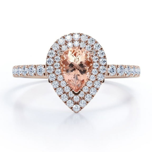 JeenMata 1.5 Carat Teardrop Lab created morganite and Moissanite - Pave Design - Dual Halo Engagement Ring - 18K Rose Gold Plating over Silver