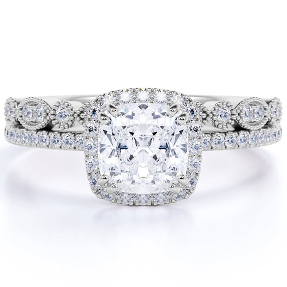JeenMata 1.5 Carat cushion cut Moissanite and Diamond Halo Vintage Bridal Wedding Ring Set in 10k White Gold