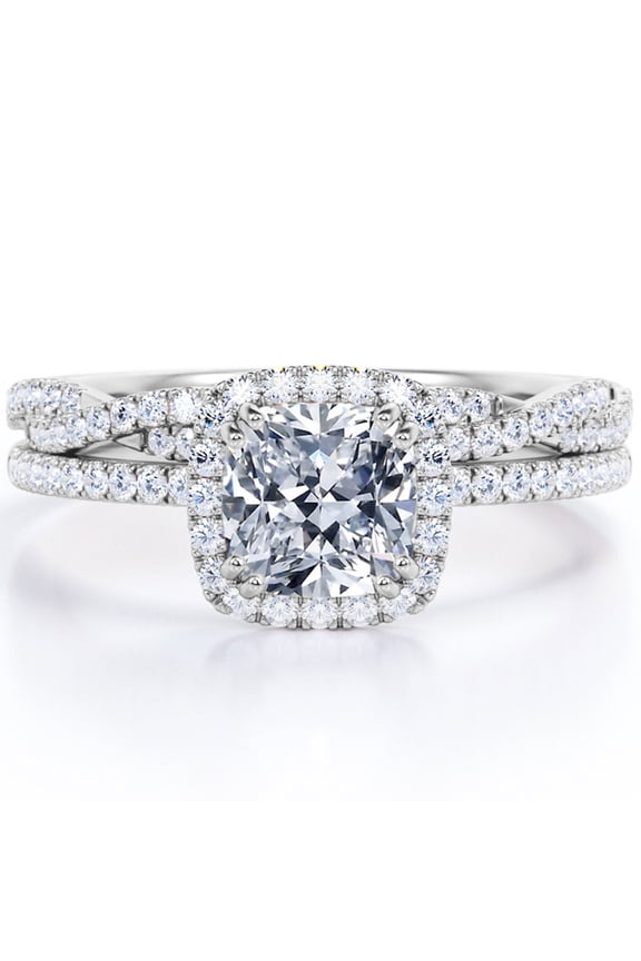 1.5 Carat cushion cut Moissanite and Diamond Halo Wedding Ring Set in 10k White Gold