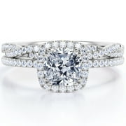 JeenMata 1.5 Carat cushion cut Moissanite and Diamond Halo Wedding Ring Set in 10k White Gold