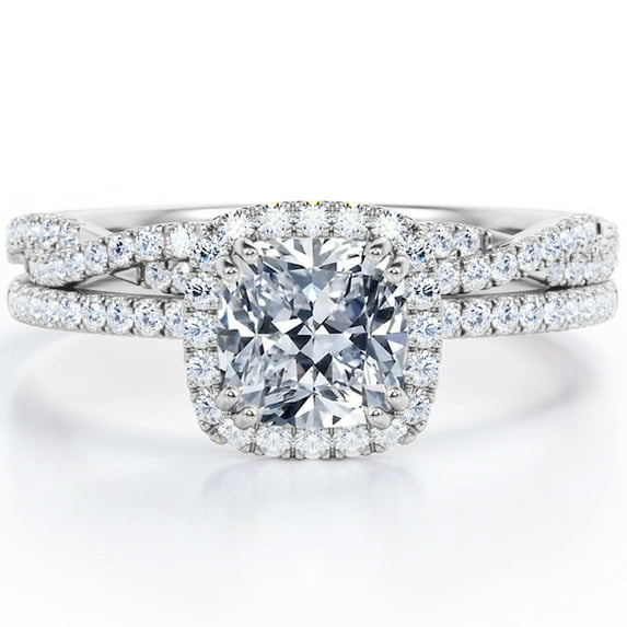 JeenMata 1.5 Carat cushion cut Moissanite and Diamond Halo Wedding Ring Set in 10k White Gold